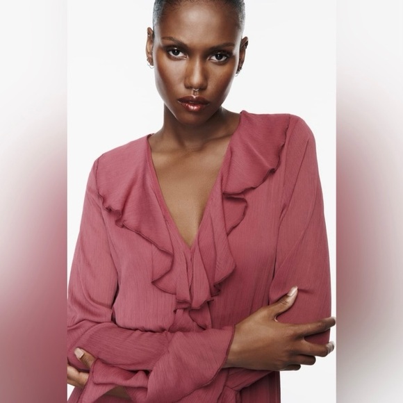 ZARA BLOGGERS FAVORITE RUFFLED GEORGETTE MIDI DRESS - Picture 10 of 16